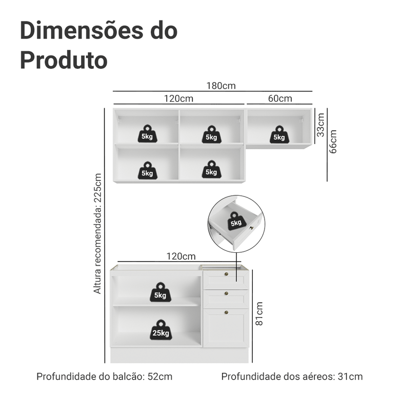 Armário de Cozinha Compacta 180 cm Branco Vik Madesa 02
