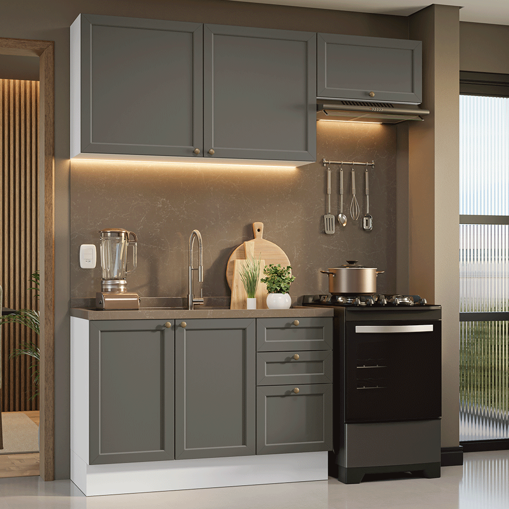 Armário de Cozinha Compacta 180 cm Branco/Cinza Vik Madesa 02 - Branco/Cinza