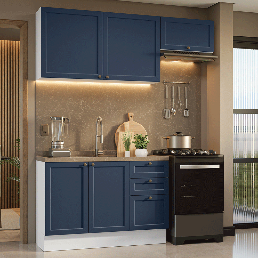 Armário de Cozinha Compacta 180 cm Branco/Azul Vik Madesa 02 - Branco/Azul