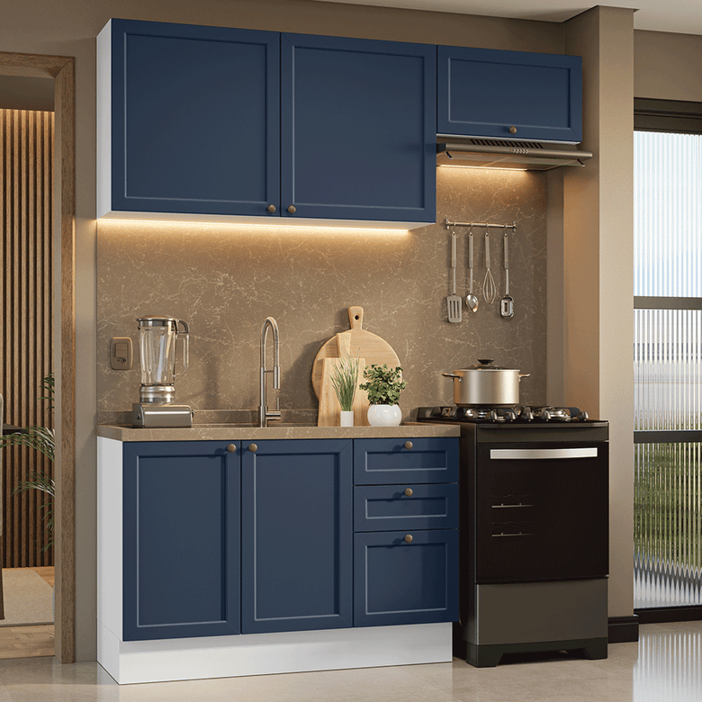 Armário de Cozinha Compacta 180 cm Branco/Azul Vik Madesa 02