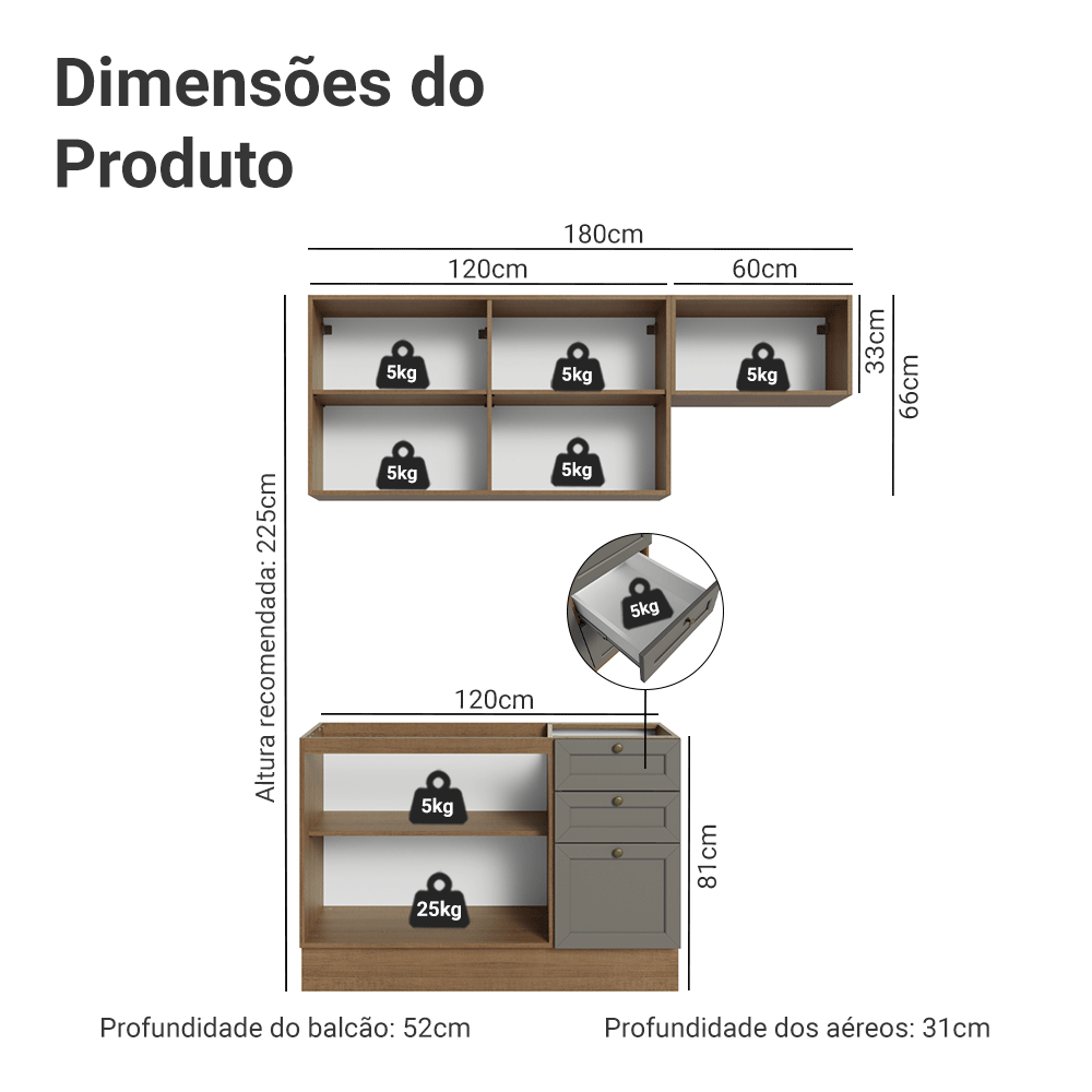 Armário de Cozinha Compacta 180 cm Rustic/Cinza Vik Madesa 02