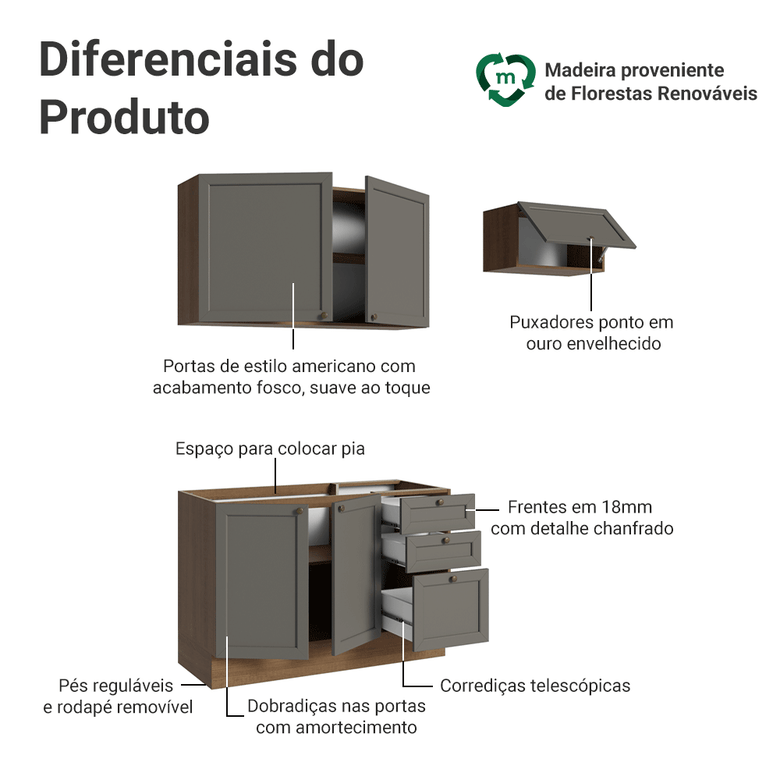 Armário de Cozinha Compacta 180 cm Rustic/Cinza Vik Madesa 02
