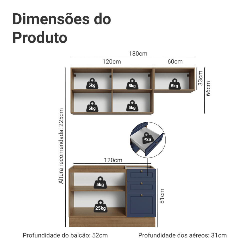 Armário de Cozinha Compacta 180 cm Rustic/Azul Vik Madesa 02