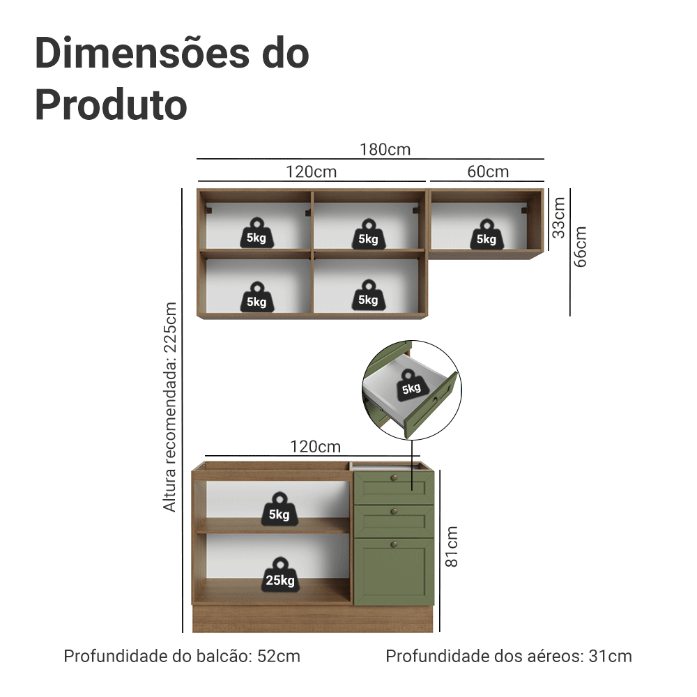 Armário de Cozinha Compacta 180 cm Rustic/Verde Vik Madesa 02