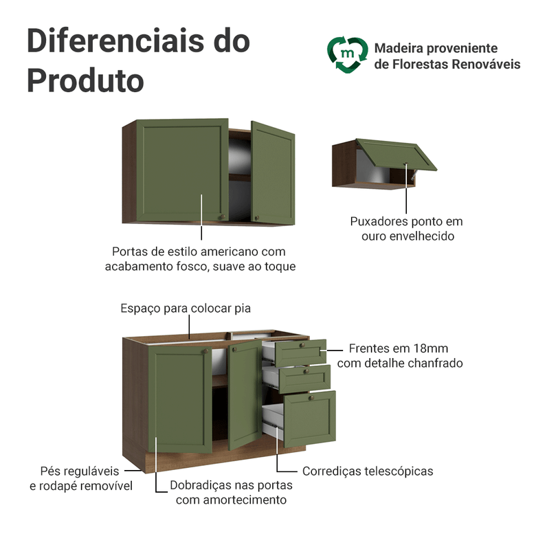 Armário de Cozinha Compacta 180 cm Rustic/Verde Vik Madesa 02
