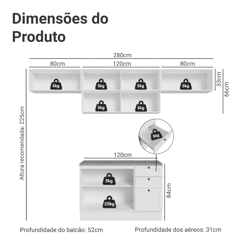 Armário de Cozinha Completa 280 cm Branco Vik Madesa 01