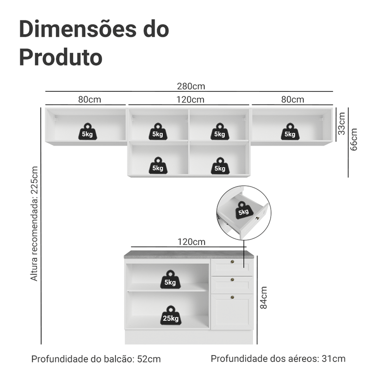 Armário de Cozinha Completa 280 cm Branco Vik Madesa 01