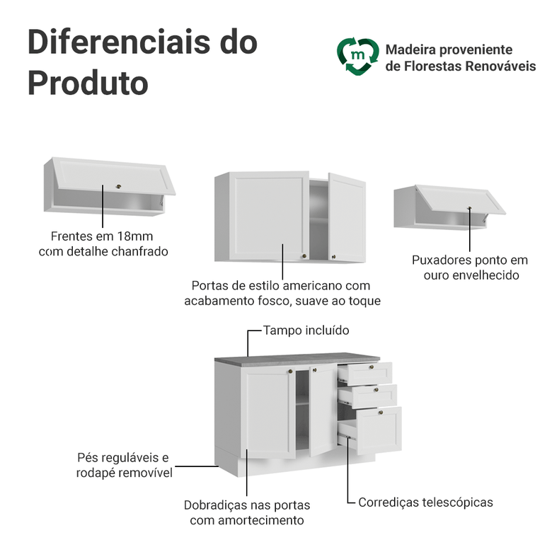 Armário de Cozinha Completa 280 cm Branco Vik Madesa 01
