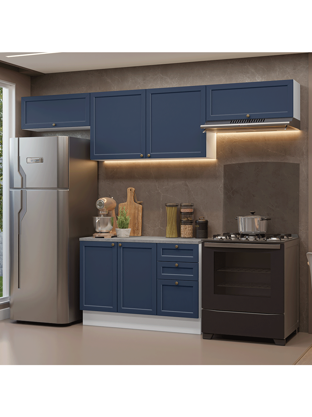 Armário de Cozinha Completa 280 cm Branco/Azul Vik Madesa 01 - Branco/Azul