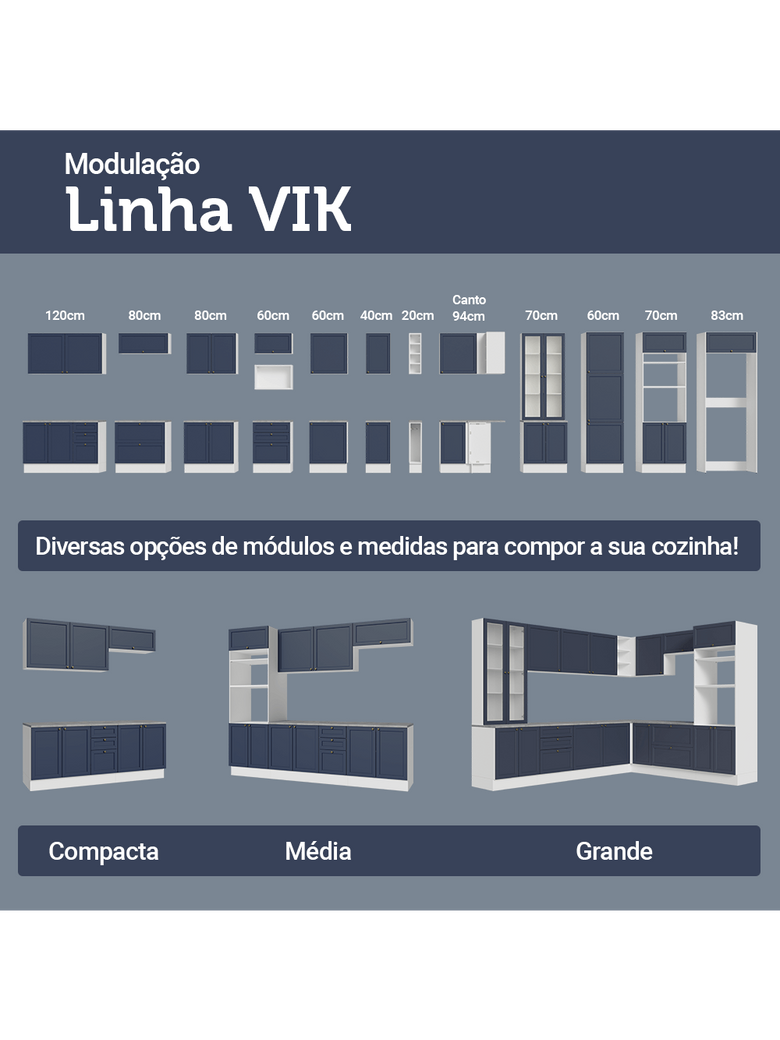 Armário de Cozinha Completa 280 cm Branco/Azul Vik Madesa 01