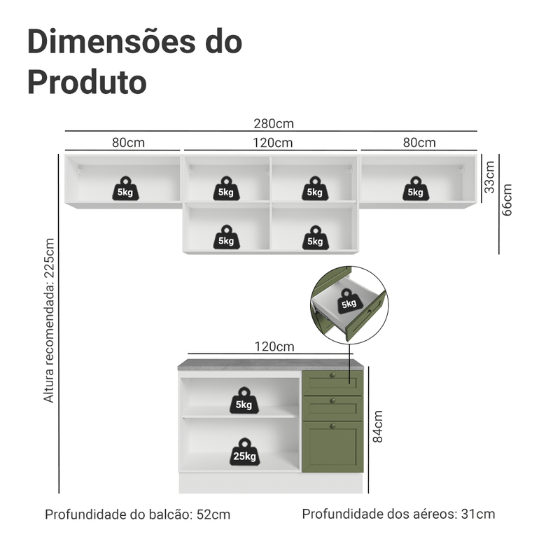 Armário de Cozinha Completa 280 cm Branco/Verde Vik Madesa 01