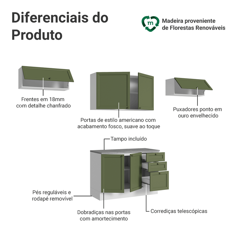 Armário de Cozinha Completa 280 cm Branco/Verde Vik Madesa 01