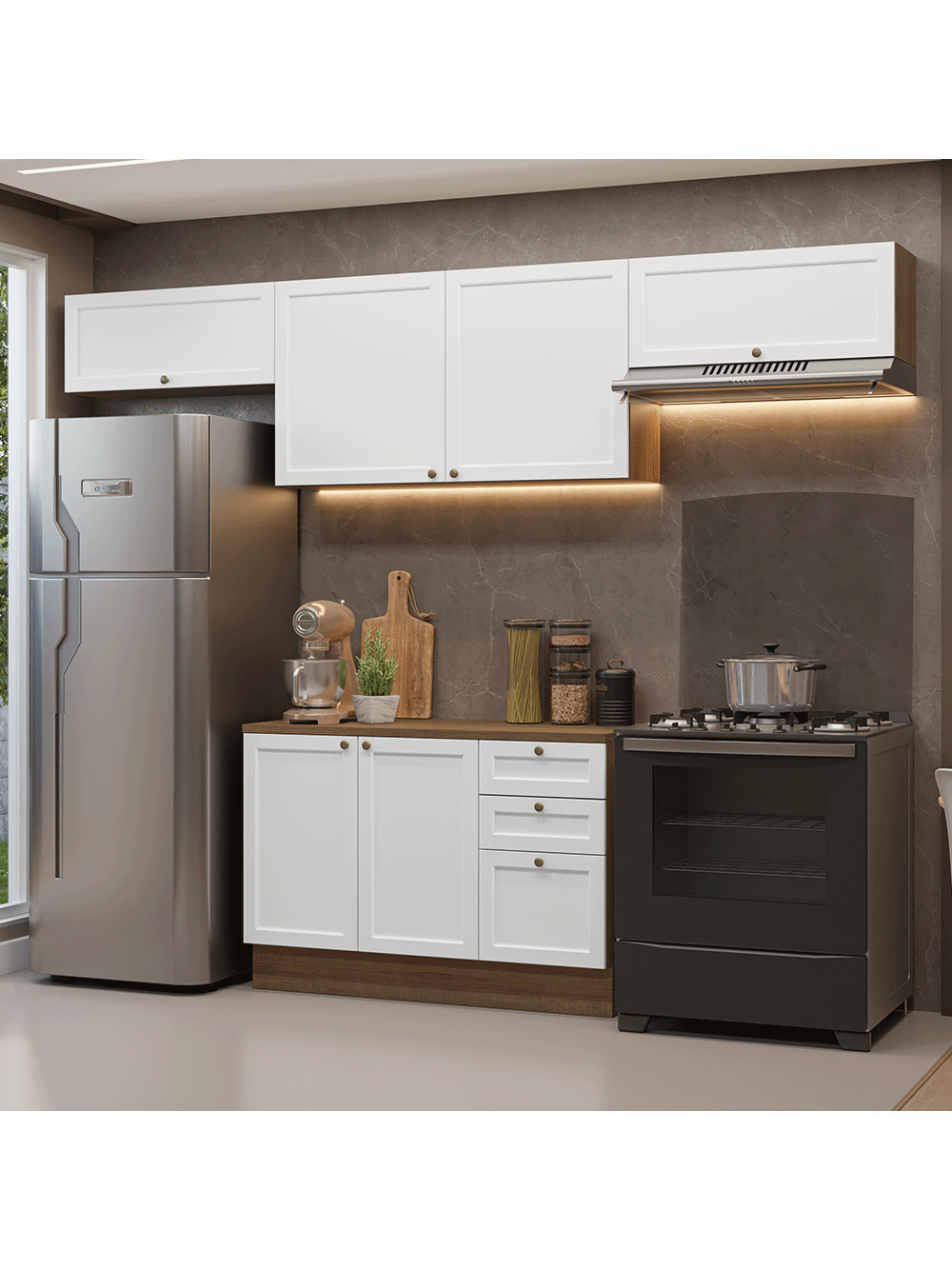 Armário de Cozinha Completa 280 cm Rustic/Branco Vik Madesa 01 - Rustic/Branco