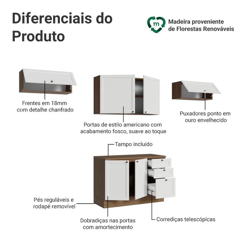 Armário de Cozinha Completa 280 cm Rustic/Branco Vik Madesa 01