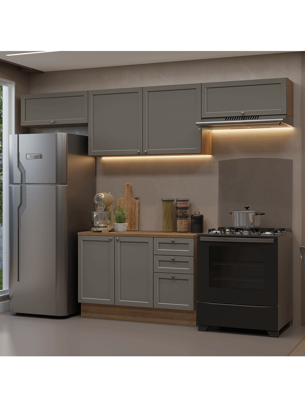 Armário de Cozinha Completa 280 cm Rustic/Cinza Vik Madesa 01 - Rustic/Cinza