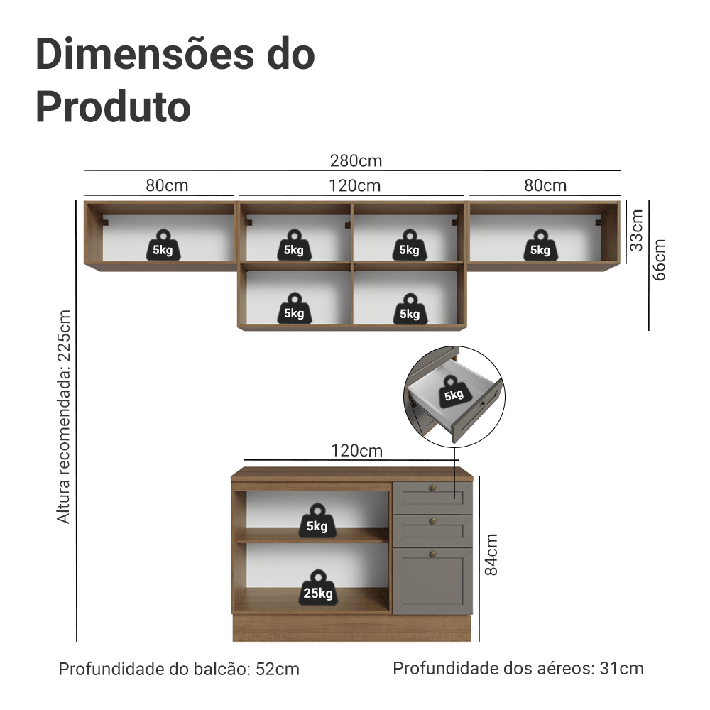 Armário de Cozinha Completa 280 cm Rustic/Cinza Vik Madesa 01