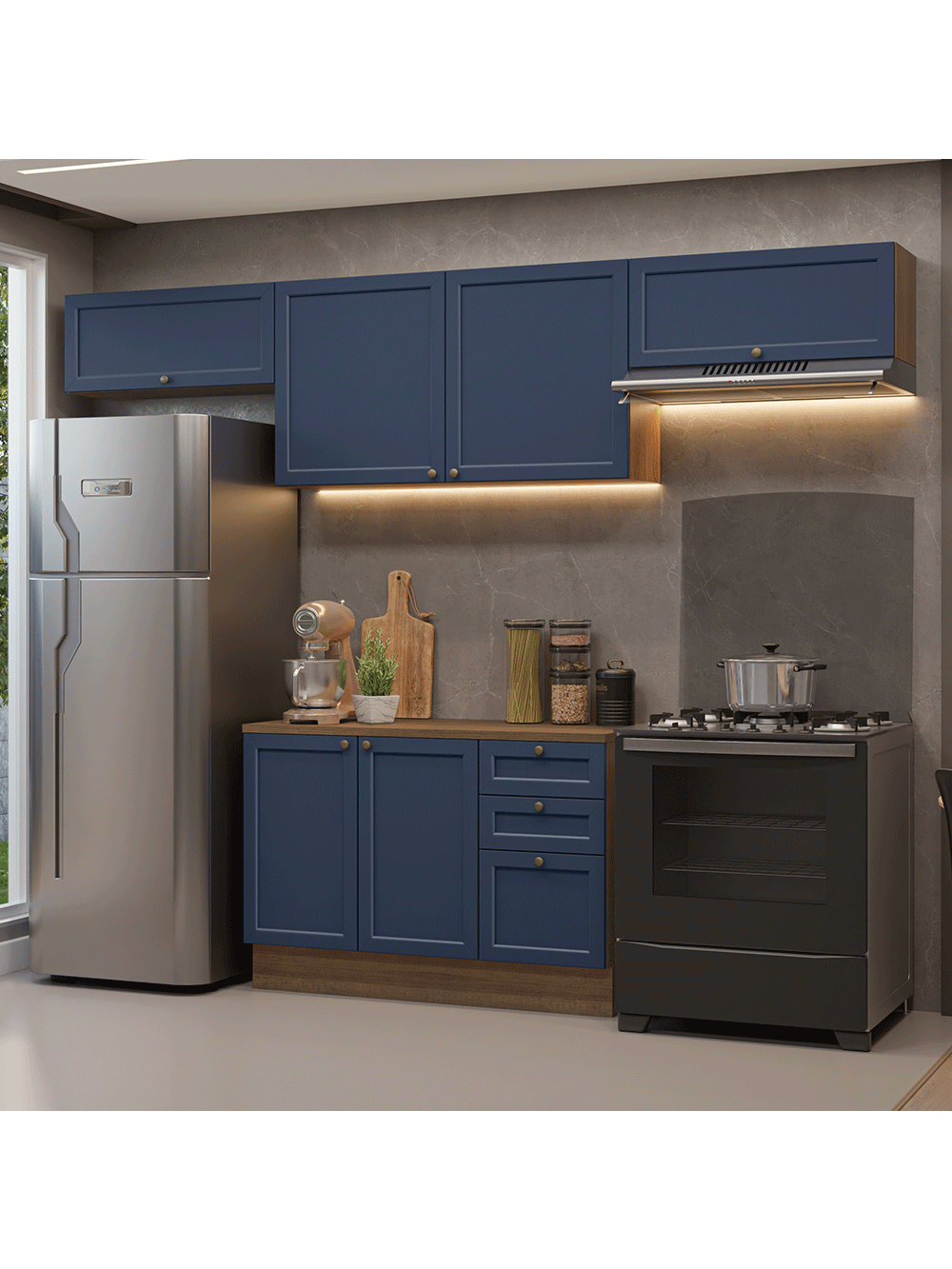 Armário de Cozinha Completa 280 cm Rustic/Azul Vik Madesa 01 - Rustic/Azul