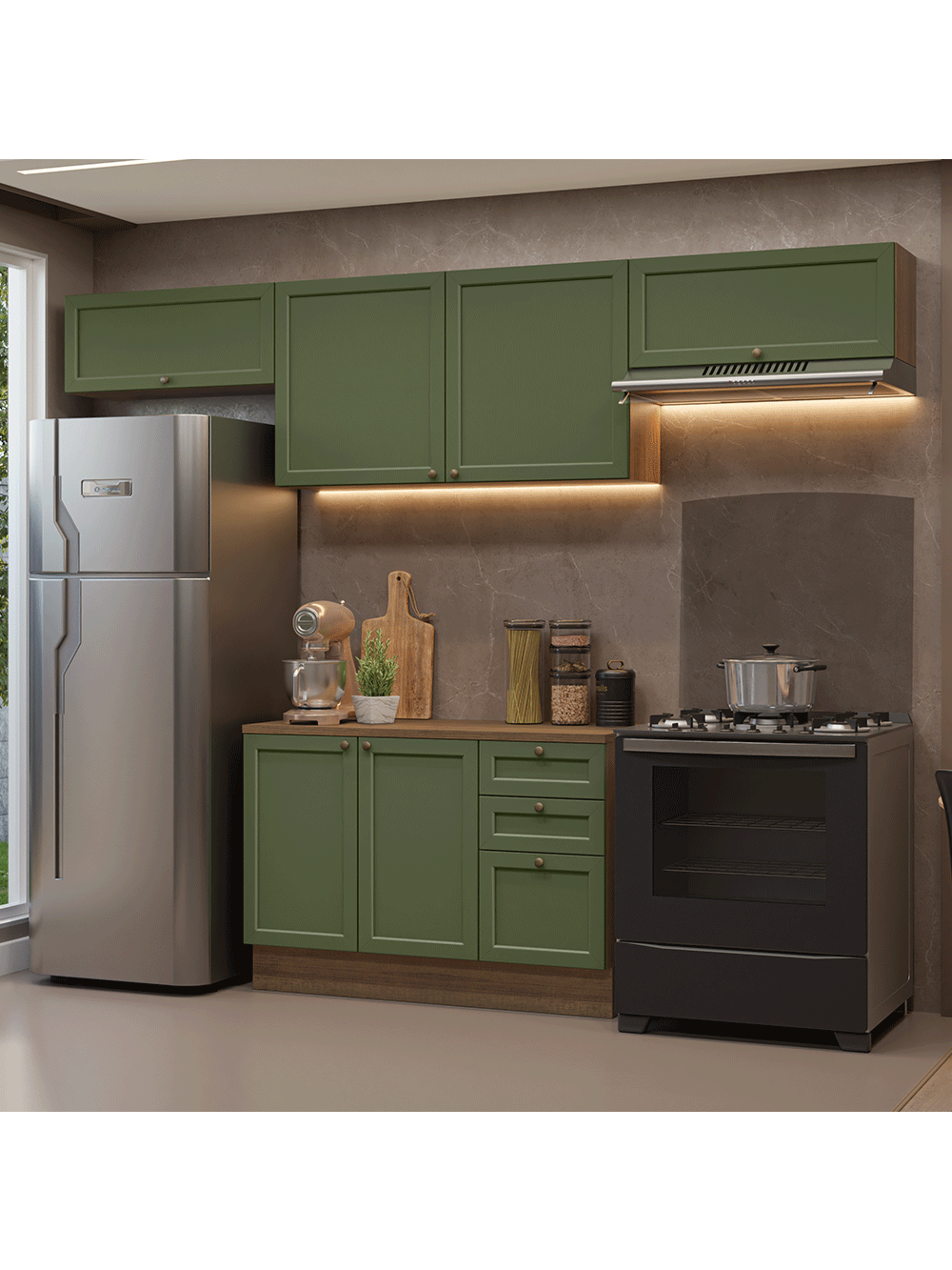 Armário de Cozinha Completa 280 cm Rustic/Verde Vik Madesa 01 - Rustic/Verde