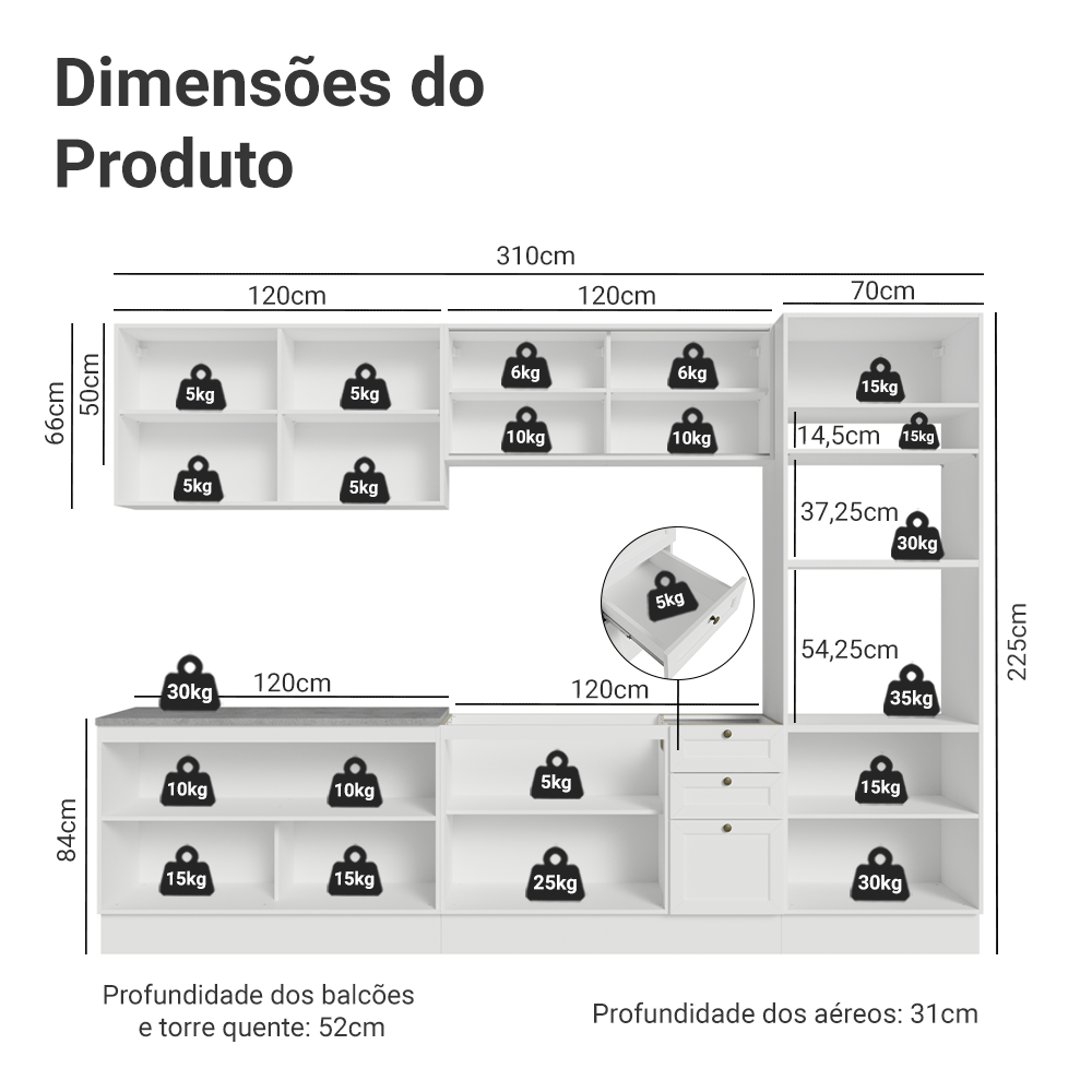 Armário de Cozinha Completa 310 cm Branco Vik Madesa 01