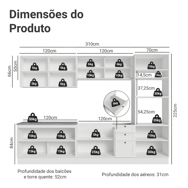 Armário de Cozinha Completa 310 cm Branco Vik Madesa 01