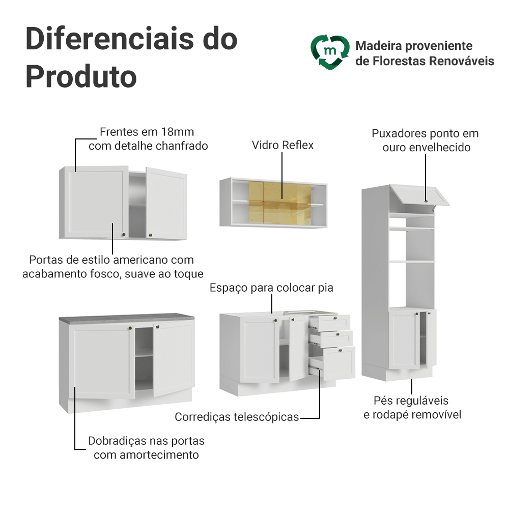 Armário de Cozinha Completa 310 cm Branco Vik Madesa 01
