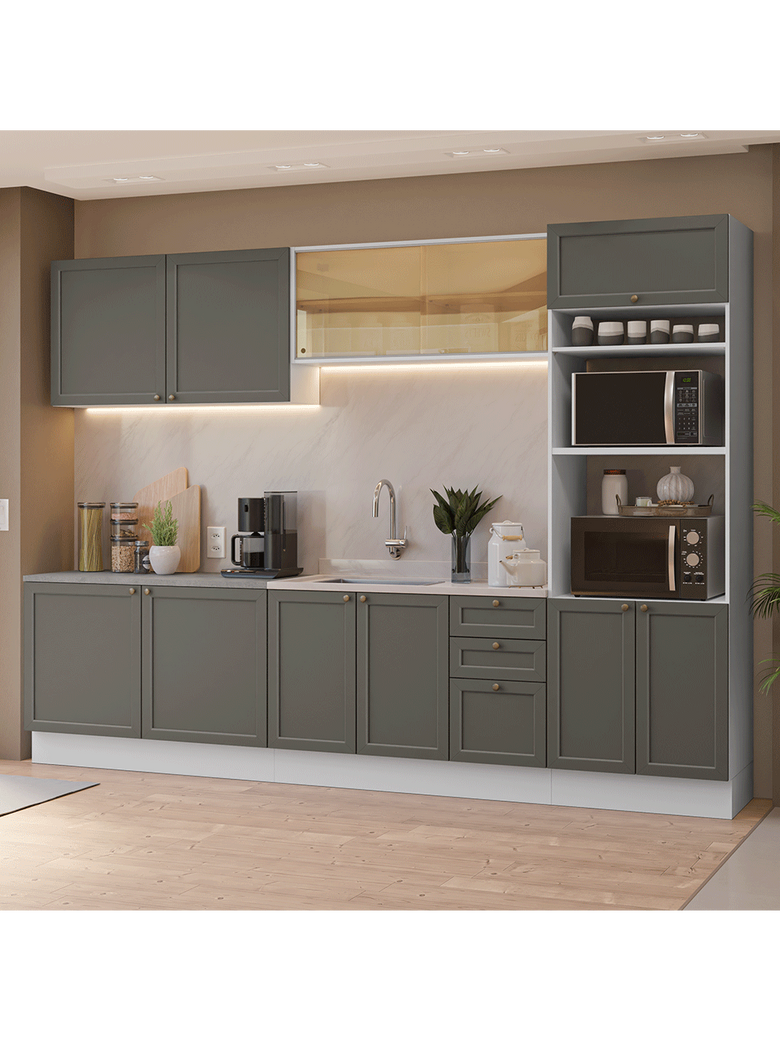Armário de Cozinha Completa 310 cm Branco/Cinza Vik Madesa 01