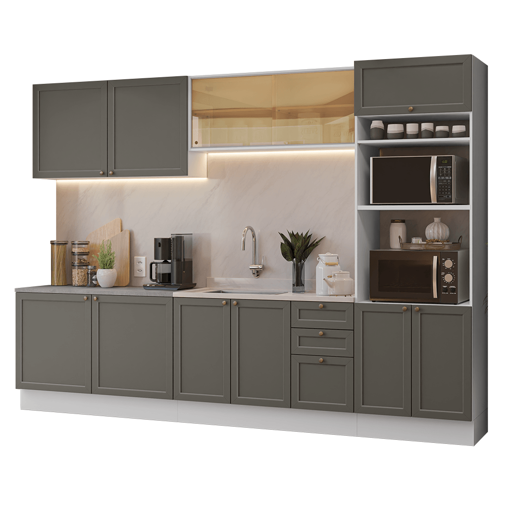Armário de Cozinha Completa 310 cm Branco/Cinza Vik Madesa 01 - Branco/Cinza
