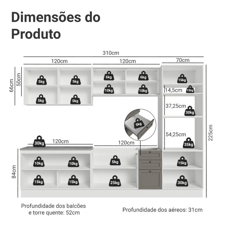 Armário de Cozinha Completa 310 cm Branco/Cinza Vik Madesa 01
