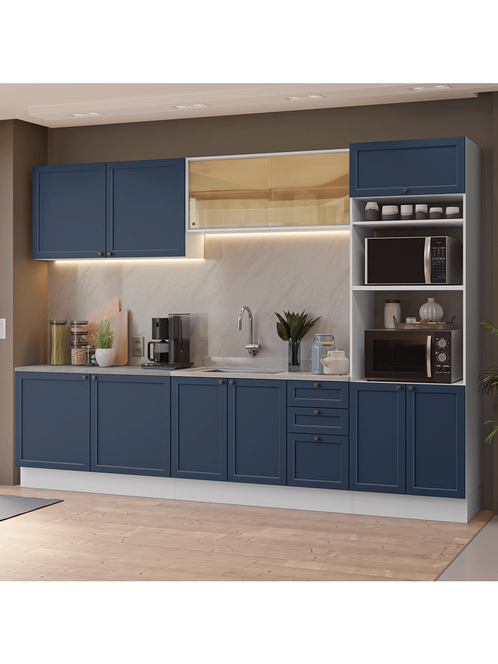 Armário de Cozinha Completa 310 cm Branco/Azul Vik Madesa 01 - Branco/Azul