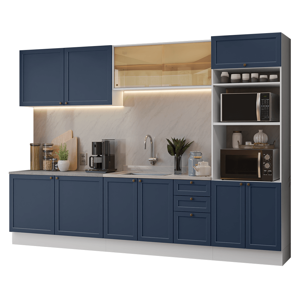 Armário de Cozinha Completa 310 cm Branco/Azul Vik Madesa 01 - Branco/Azul