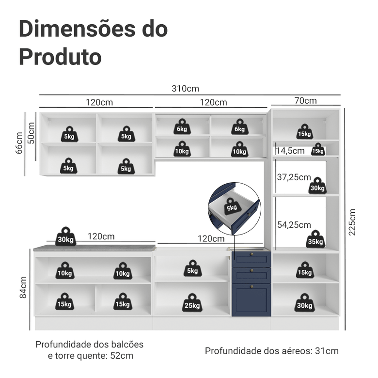 Armário de Cozinha Completa 310 cm Branco/Azul Vik Madesa 01