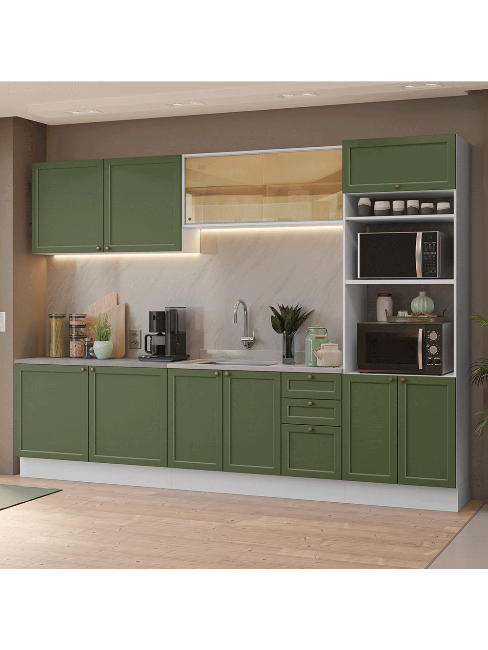 Armário de Cozinha Completa 310 cm Branco/Verde Vik Madesa 01 - Branco/Verde