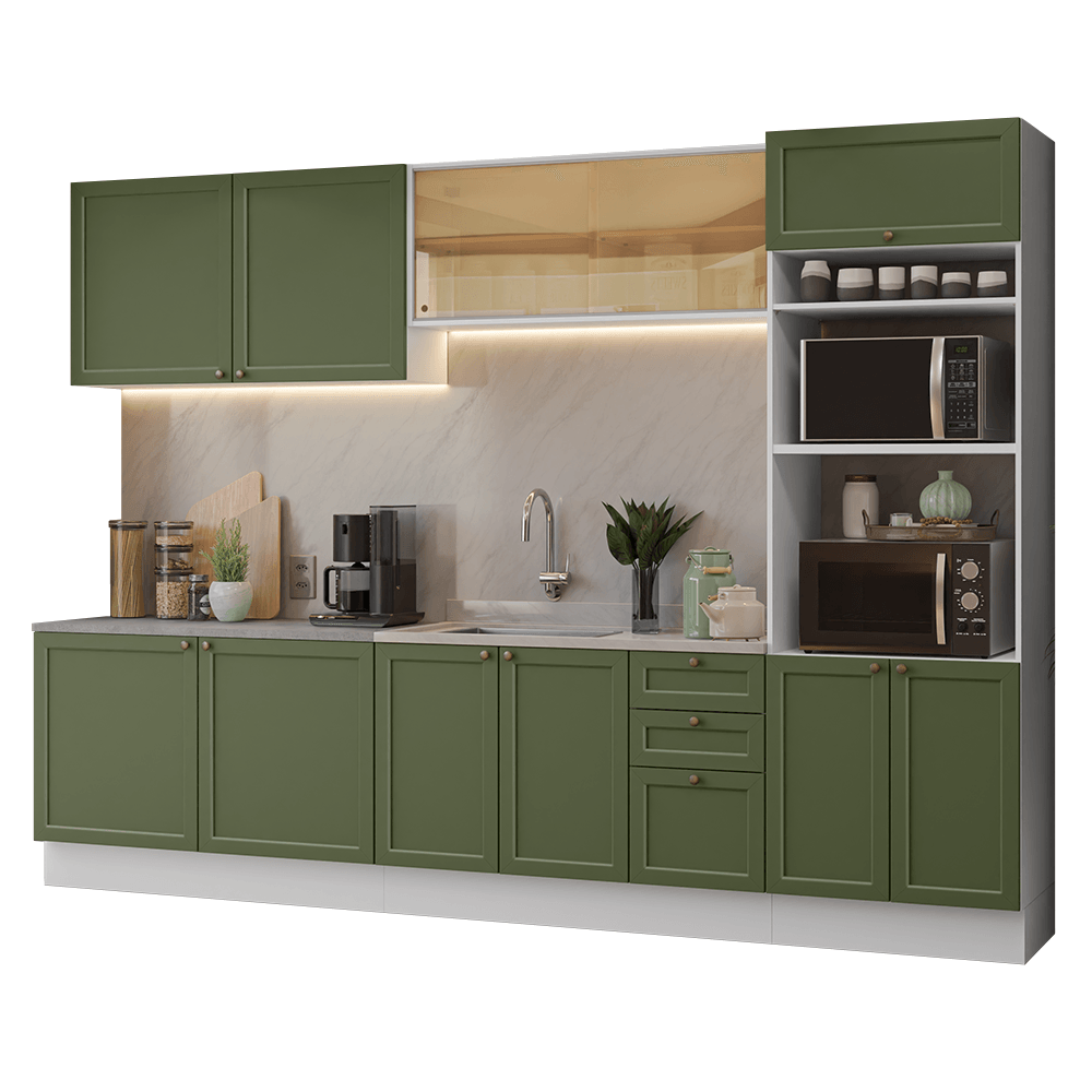 Armário de Cozinha Completa 310 cm Branco/Verde Vik Madesa 01 - Branco/Verde