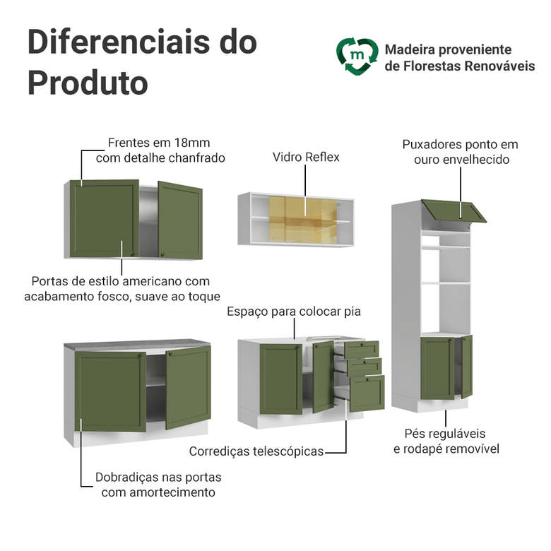 Armário de Cozinha Completa 310 cm Branco/Verde Vik Madesa 01