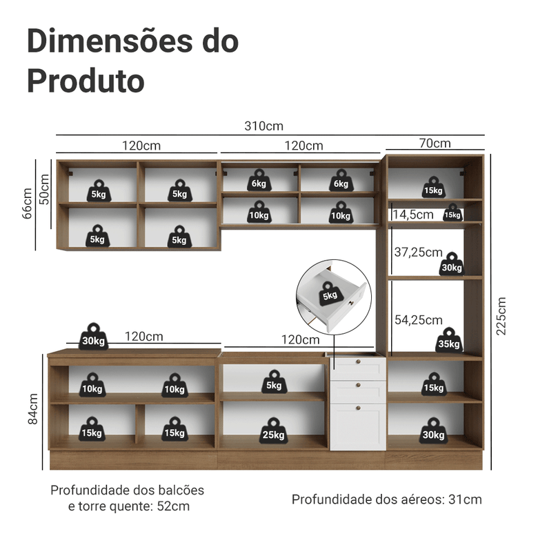 Armário de Cozinha Completa 310 cm Rustic/Branco Vik Madesa 01