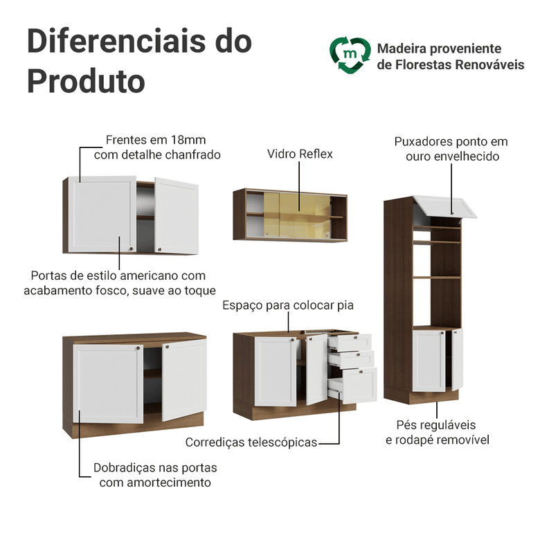 Armário de Cozinha Completa 310 cm Rustic/Branco Vik Madesa 01