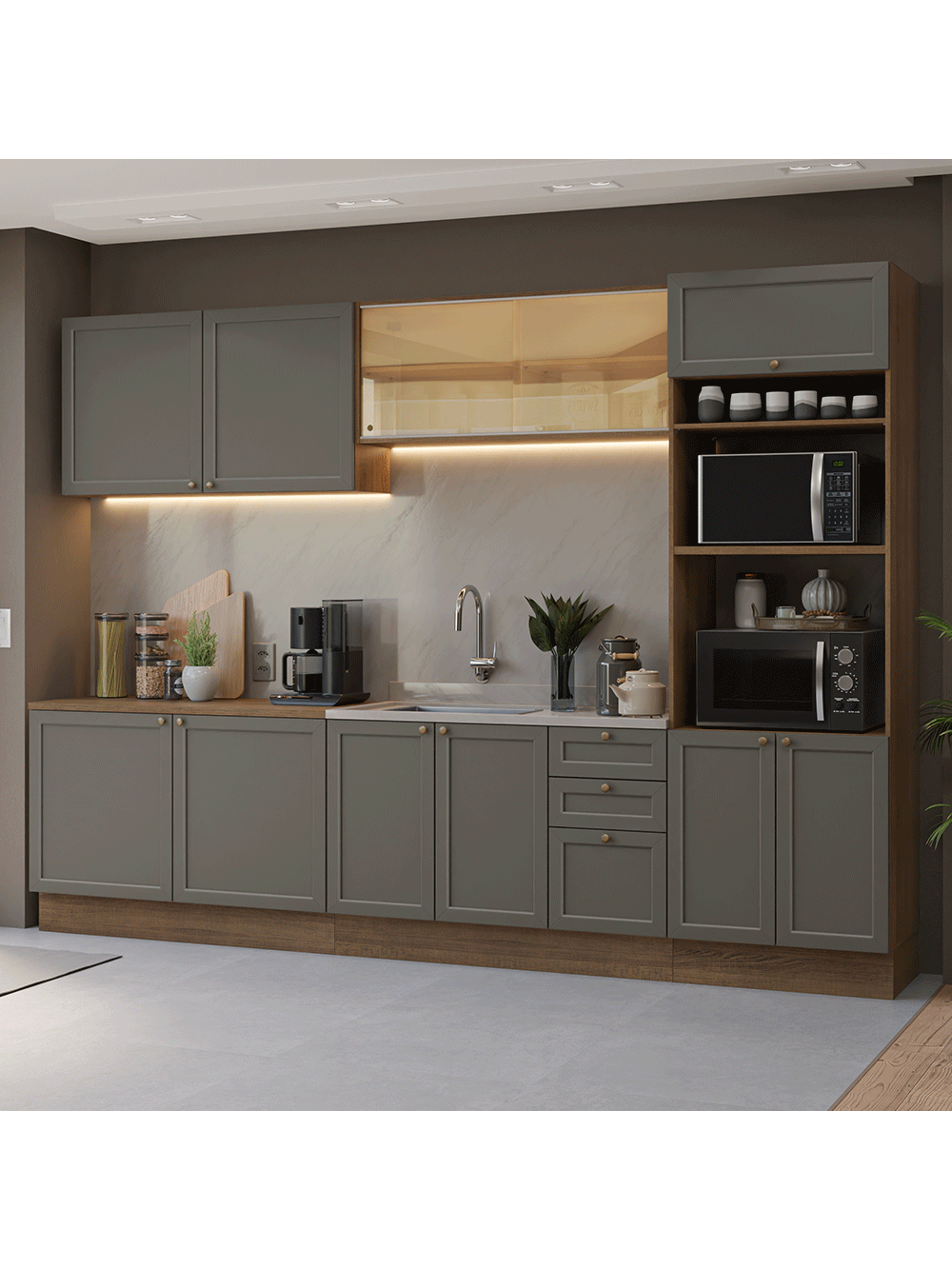 Armário de Cozinha Completa 310 cm Rustic/Cinza Vik Madesa 01 - Rustic/Cinza