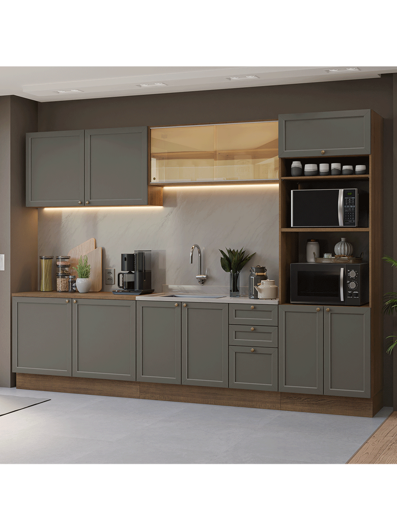 Armário de Cozinha Completa 310 cm Rustic/Cinza Vik Madesa 01