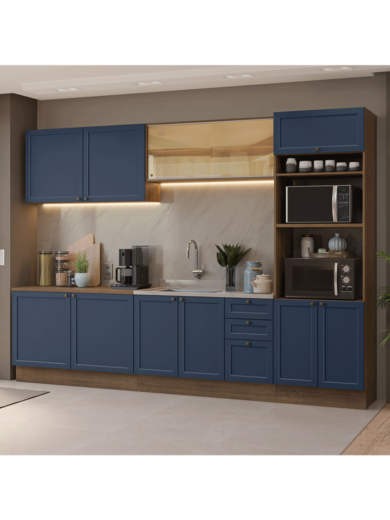 Armário de Cozinha Completa 310 cm Rustic/Azul Vik Madesa 01