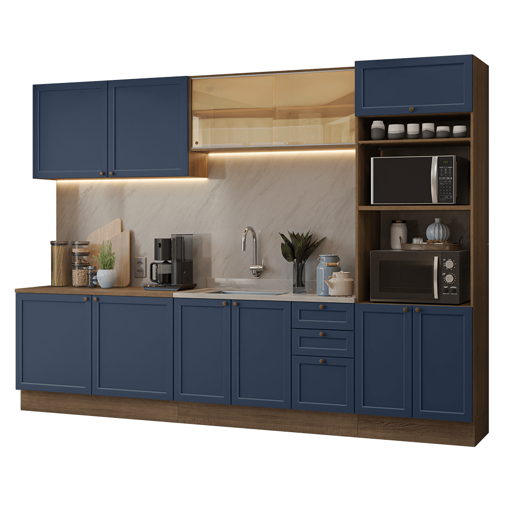 Armário de Cozinha Completa 310 cm Rustic/Azul Vik Madesa 01 - Rustic/Azul