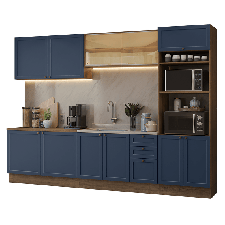Armário de Cozinha Completa 310 cm Rustic/Azul Vik Madesa 01