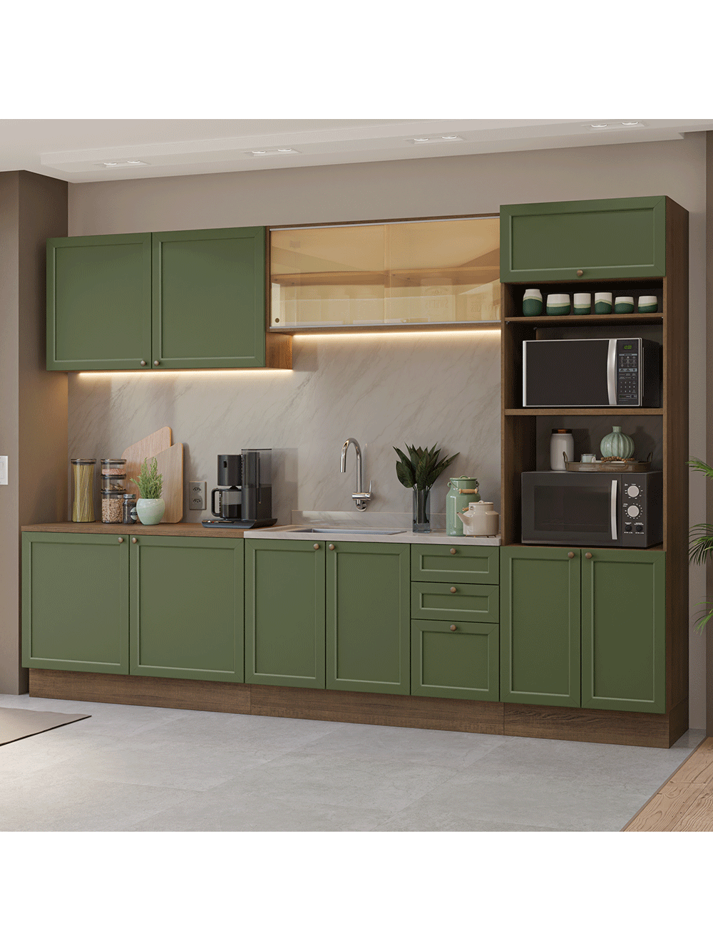 Armário de Cozinha Completa 310 cm Rustic/Verde Vik Madesa 01 - Rustic/Verde