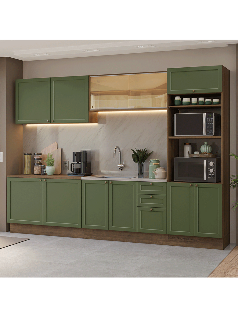 Armário de Cozinha Completa 310 cm Rustic/Verde Vik Madesa 01