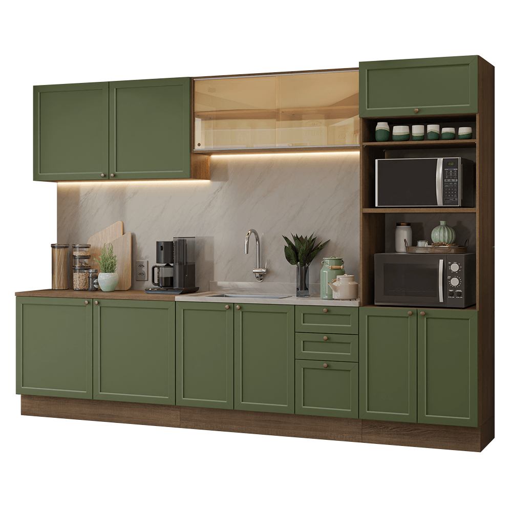 Armário de Cozinha Completa 310 cm Rustic/Verde Vik Madesa 01 - Rustic/Verde