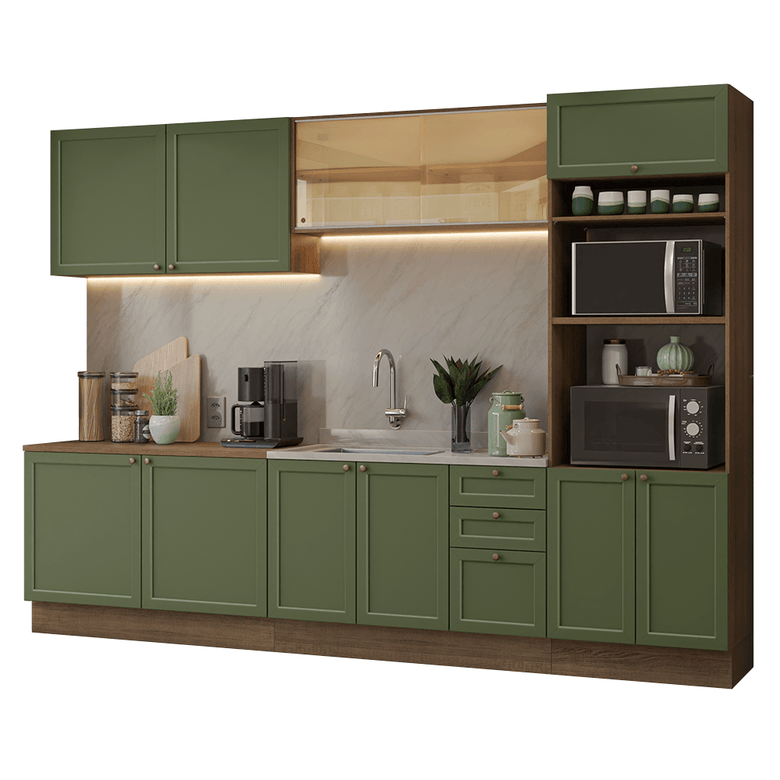 Armário de Cozinha Completa 310 cm Rustic/Verde Vik Madesa 01