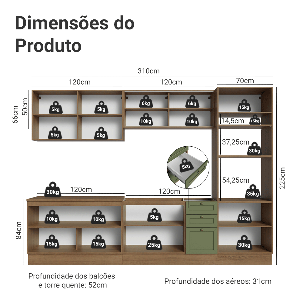 Armário de Cozinha Completa 310 cm Rustic/Verde Vik Madesa 01