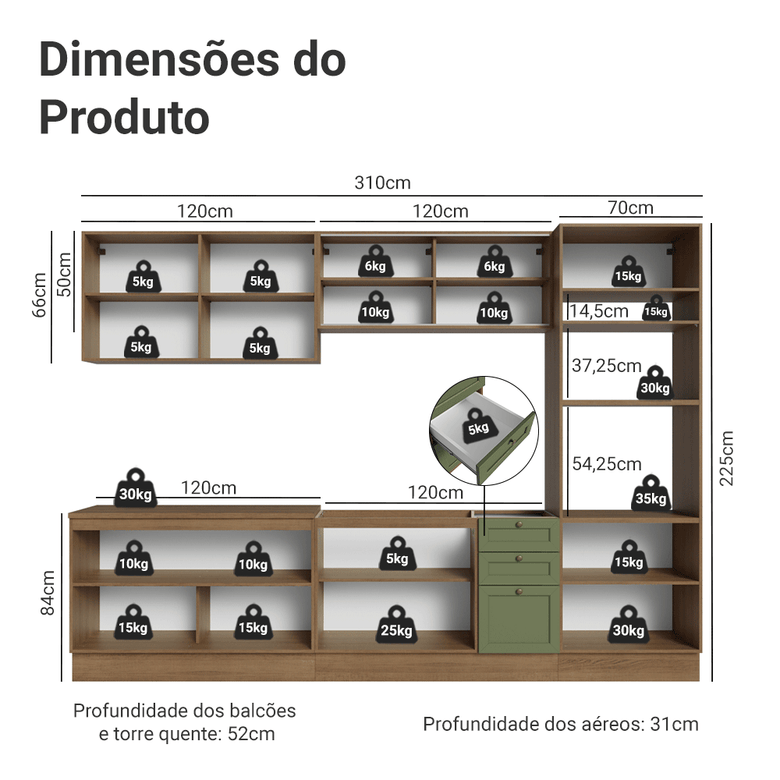 Armário de Cozinha Completa 310 cm Rustic/Verde Vik Madesa 01