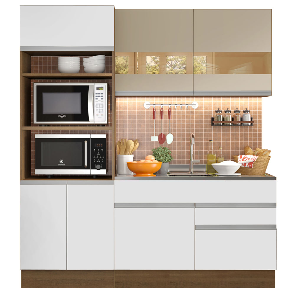 Armário de Cozinha Compacta 190cm Rustic/Branco/Crema Helen Madesa 02 - Rustic/Crema/Branco