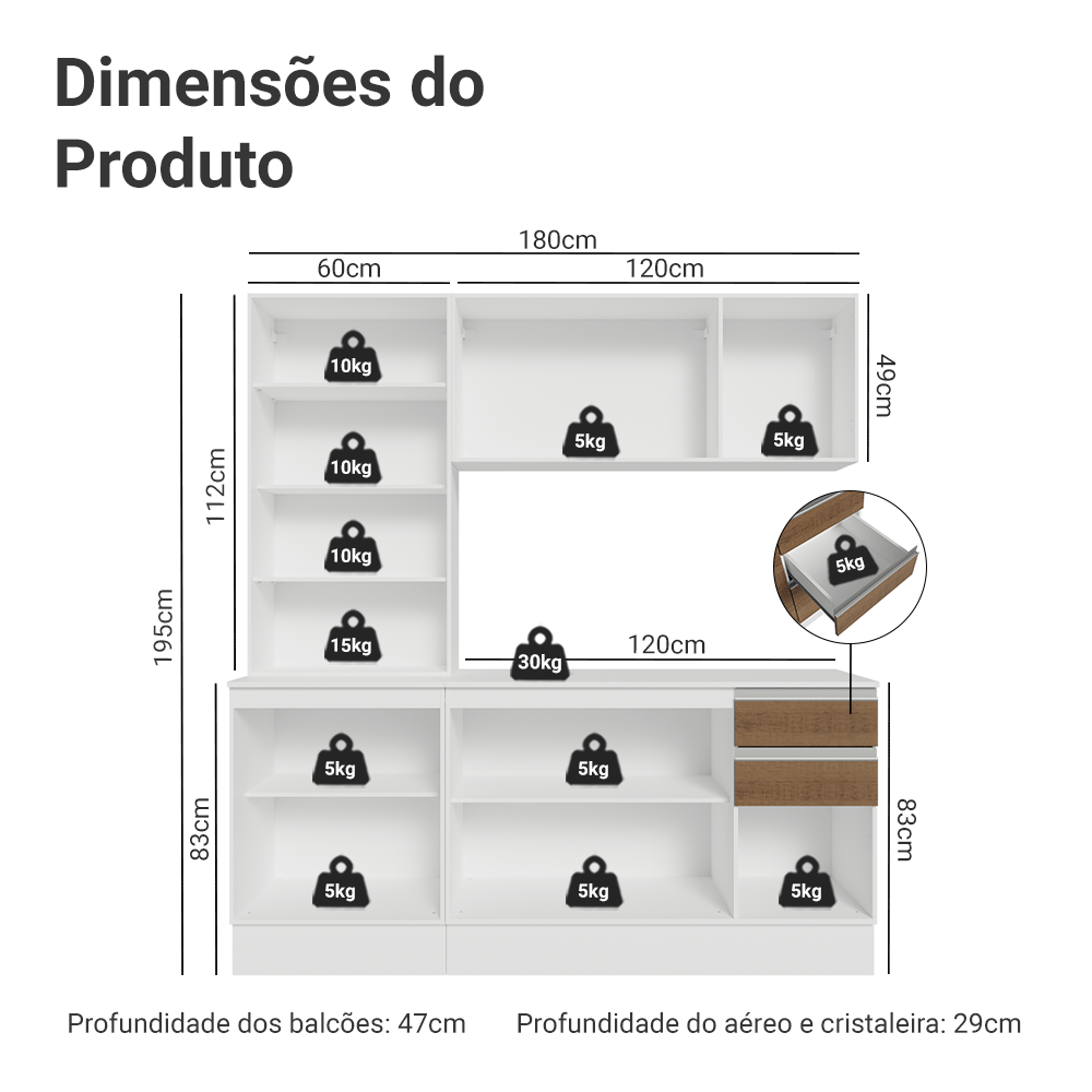 Armário de Cozinha Compacta 100% MDF 180 cm Branco/Rustic/Crema Smart Madesa 03