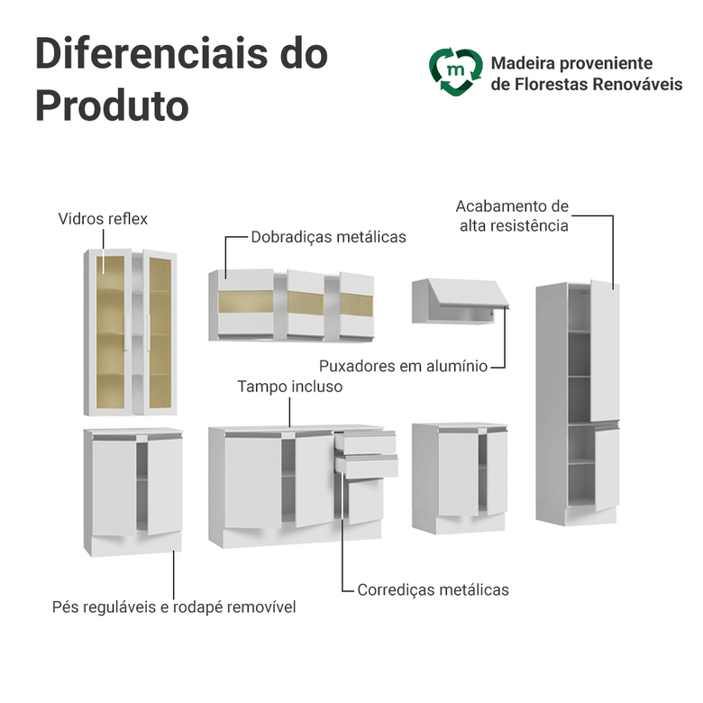 Armário de Cozinha Completa 100% MDF 290 cm Branco Smart Madesa 01